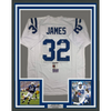 Framed Autographed/Signed Edgerrin James 35x39 Indianapolis White Football Jersey JSA COA