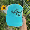 Embroidered Wifey/Hubby Pigment-Dyed Trucker Hat – Anniversary Gift Cap by Adorb Custom Tees