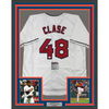 Framed Autographed/Signed Emmanuel Clase 35x39 Cleveland White Baseball Jersey JSA COA