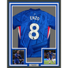 Framed Autographed/Signed Enzo Fernandez 35x39 Chelsea FC Blue Soccer Futbol Jersey Beckett BAS COA by Hall of Fame Sports Memorabilia