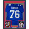 Framed Autographed/Signed Ereck Flowers 35x39 New York Blue Football Jersey JSA COA