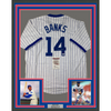 Framed Autographed/Signed Ernie Banks 35x39 Chicago Pinstripe Baseball Jersey JSA COA