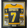 Framed Autographed/Signed Phil Esposito 35x39 Boston Black Hockey Jersey JSA COA