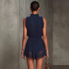 Lace Spliced V-Neck Mini Dress – Sleeveless High-Waist Ruffle Dress for Women by FitiqueFit