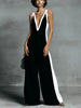 Women's Color-Block Sleeveless V-Neck Wide-Leg Jumpsuit – French Style Long Pants