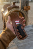 Patriot Damascus Folding Knife 7” opened – American Flag Handle with Leather Sheath by JW SteelCrafts