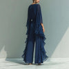 Deep Blue Ruffle Wide-Leg Pants Set – Elegant Two-Piece Batwing Sleeve Outfit for Women by FitiqueFit