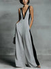 Women's Color-Block Sleeveless V-Neck Wide-Leg Jumpsuit – French Style Long Pants