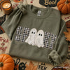 Faux Patchwork Spooky Ghost Sweatshirt | Cozy Halloween Graphic Top