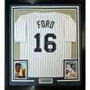 Framed Autographed/Signed Whitey Ford 35x39 New York Pinstripe Baseball Jersey PSA/DNA COA #3