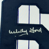 Framed Autographed/Signed Whitey Ford 35x39 New York Pinstripe Baseball Jersey PSA/DNA COA #3