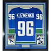 Framed Autographed/Signed Andrei Kuzmenko 35x39 Vancouver Blue Hockey Jersey PSA/DNA COA by Hall of Fame Sports Memorabilia