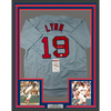 Framed Autographed/Signed Fred Lynn 35x39 Boston Grey Baseball Jersey JSA COA by Hall of Fame Sports Memorabilia