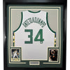 Framed Autographed/Signed Giannis Antetokounmpo 35x39 Milwaukee White Basketball Jersey JSA COA