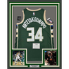 Framed Autographed/Signed Giannis Antetokounmpo 35x39 Milwaukee Green Custom Basketball Jersey Fanatics COA