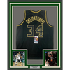 Framed Autographed/Signed Giannis Antetokounmpo 35x39 Milwaukee Blackout Basketball Jersey JSA COA
