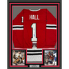 Framed Autographed/Signed Glenn Hall 35x39 Chicago Red Hockey Jersey JSA COA