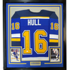 Framed Autographed/Signed Brett Hull 35x39 St. Louis Blue Yellow Numbers Hockey Jersey JSA COA by Hall of Fame Sports Memorabilia