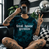 Teal feral house gremlin embroidered tie dye T-shirt by Madness & Mayhem LLC