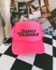Neon pink Barely tolerable embroidered Trucker Hat by Madness & Mayhem LLC