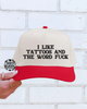 Tattoos & the word fuck embroidered red/nautral Hat by Madness & Mayhem LLC