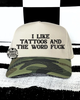 Tattoos & the word fuck camo embroidered Hat by Madness & Mayhem LLC