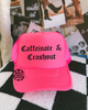 Neon pink Caffeinate & crashout embroidered Trucker Hat by Madness & Mayhem LLC