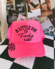 Neon pink trashy side Trucker Hat by Madness & Mayhem LLC