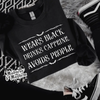 Wears black caffeine crew neck sweatshirt (finished product) by Madness & Mayhem LLC