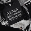Wears black Monster crew neck sweatshirt (finished product) by Madness & Mayhem LLC