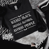 Wears black alcohol crew neck sweatshirt (finished product) by Madness & Mayhem LLC