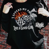 Spread pages sweatshirt (finished product) by Madness & Mayhem LLC