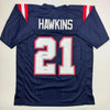 Autographed/Signed Jaylinn Hawkins New England Blue Football Jersey Beckett BAS COA by Hall of Fame Sports Memorabilia