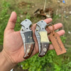 2-Piece Damascus Hawkbill Folding Pocket Knives — Liner Lock, Rosewood Black & Cream Resin Handles, Brass Bolsters by JW SteelCrafts