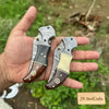 2-Piece Damascus Hawkbill Folding Pocket Knives — Liner Lock, Rosewood Black & Cream Resin Handles, Brass Bolsters by JW SteelCrafts