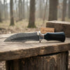 Damascus Trailing Point Fixed Blade Hunting Knife — Forged Ladder Pattern Blade, Black Resin Handle & Steel Guard by JW SteelCrafts