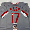 Autographed/Signed Chris Sabo Cincinnati Grey Baseball Jersey JSA COA