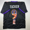 Autographed/Signed Justin Tucker Baltimore Black USA American Flag Football Jersey JSA COA