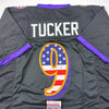 Autographed/Signed Justin Tucker Baltimore Black USA American Flag Football Jersey JSA COA
