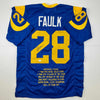 Autographed/Signed Marshall Faulk St. Louis Retro Blue Stat Football Jersey JSA COA