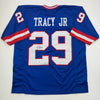 Autographed/Signed Tyrone Tracy Jr. New York Blue Football Jersey Beckett BAS COA #2