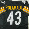Autographed/Signed Troy Polamalu HOF 20 Pittsburgh Black Football Jersey Beckett BAS COA
