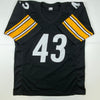 Autographed/Signed Troy Polamalu HOF 20 Pittsburgh Black Football Jersey Beckett BAS COA