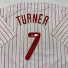 Autographed/Signed Trea Turner Philadelphia Pinstripe Baseball Jersey Beckett BAS COA