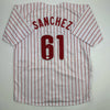 Autographed/Signed Cristopher Sanchez Philadelphia Pinstripe Baseball Jersey Beckett BAS COA by Hall of Fame Sports Memorabilia