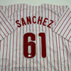 Autographed/Signed Cristopher Sanchez Philadelphia Pinstripe Baseball Jersey Beckett BAS COA by Hall of Fame Sports Memorabilia