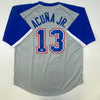 Autographed/Signed Ronald Acuna Jr. Atlanta Grey Retro Baseball Jersey Beckett BAS COA
