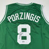 Autographed/Signed Kristaps Porzingis Boston Green Basketball Jersey JSA COA