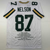 Autographed/Signed Jordy Nelson Green Bay White Stat Football Jersey Beckett BAS COA