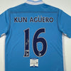 Autographed/Signed Sergio Kun Aguero Manchester City Blue Soccer Futbol Jersey Beckett BAS COA
